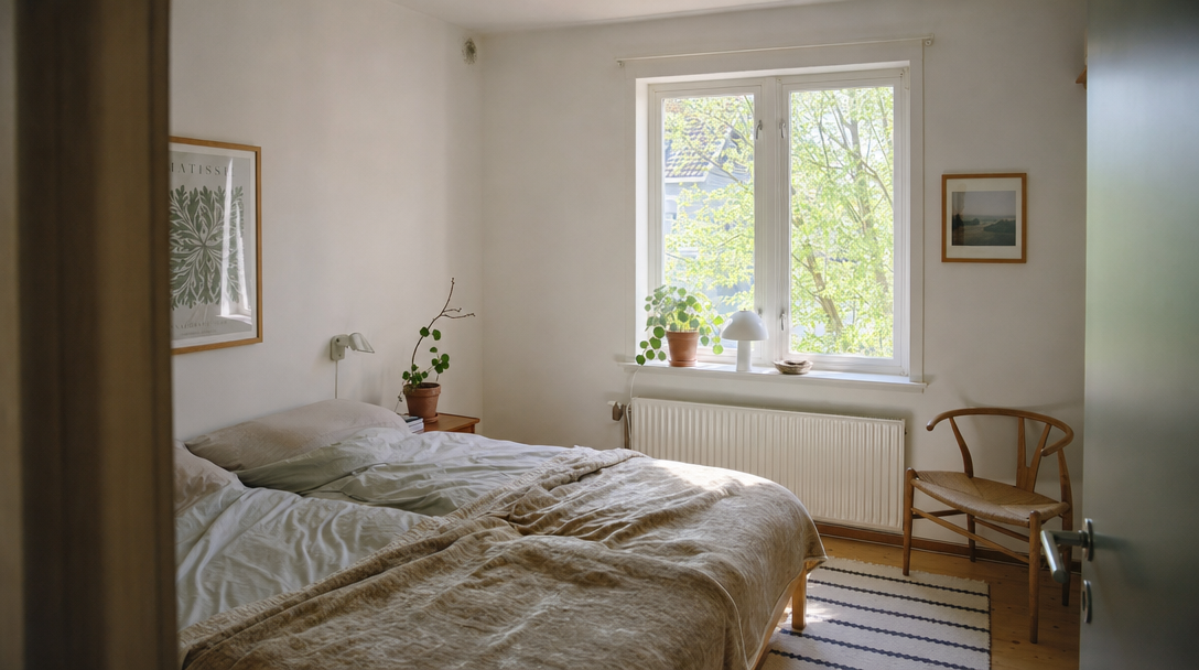 Schlafzimmer mit einer dunklen Verfärbung in der oberen Wandecke